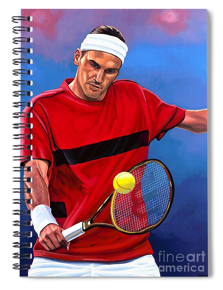 Roger Federer Spiral Notebook featuring the painting Roger Federer The Swiss Maestro by Paul Meijering