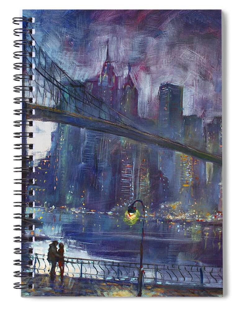 Brooklyn Bridge Spiral Notebook featuring the painting Romance by East River NYC by Ylli Haruni