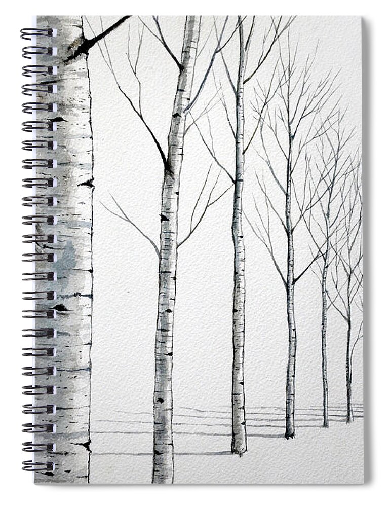 Birch Tree Spiral Notebook featuring the painting Row of Birch Trees in the Snow by Christopher Shellhammer
