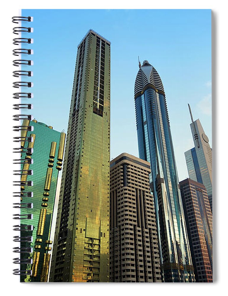 Corporate Business Spiral Notebook featuring the photograph Row Of Modern Shiny Skyscrapers Blue by Peskymonkey