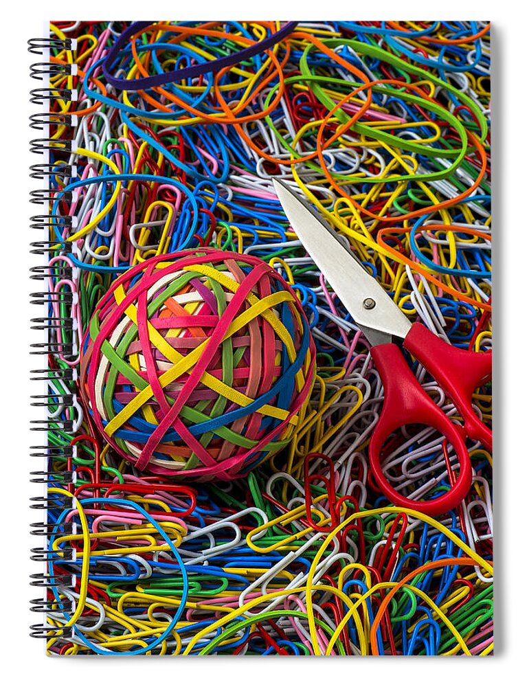 Rubber Band Spiral Notebook featuring the photograph Rubber band ball with sccisors by Garry Gay