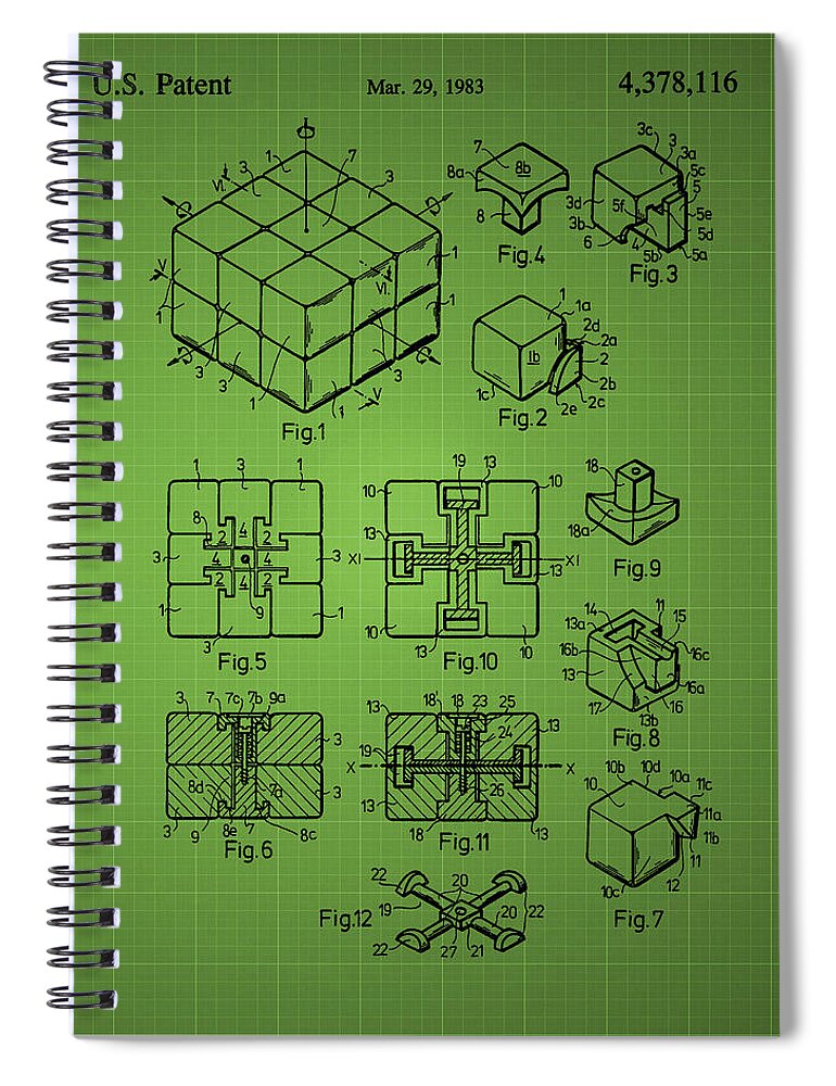 Rubik's Cube Spiral Notebook featuring the photograph Rubik's cube Patent 1983 - Green by Chris Smith