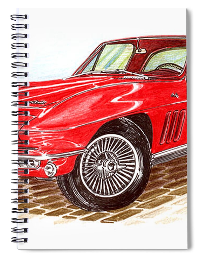 Red 1966 Corvette Stingray Fastback Spiral Notebook featuring the drawing Ruby Red 1966 Corvette Stingray Fastback by Jack Pumphrey