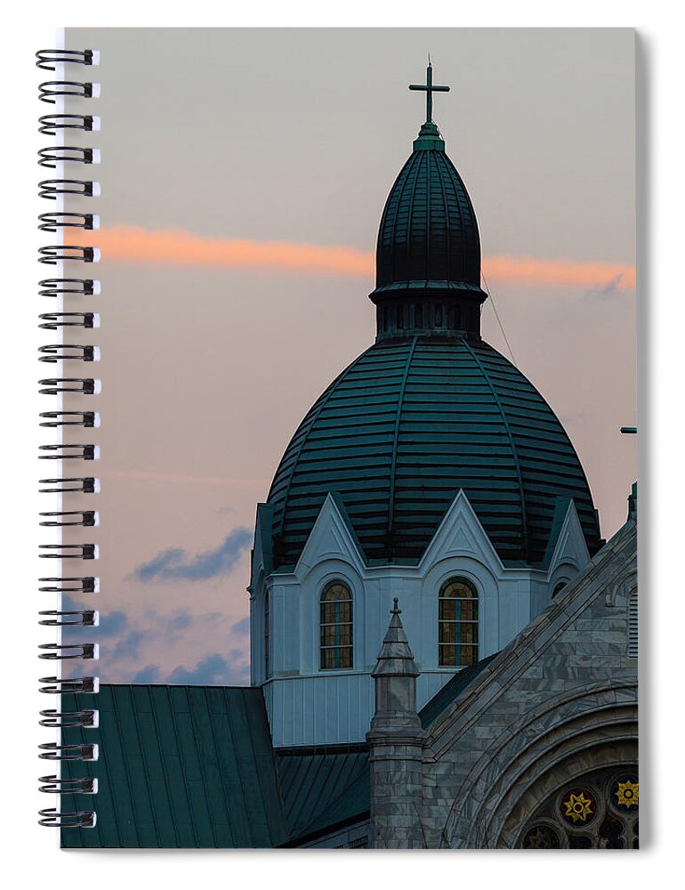 Architectural Features Spiral Notebook featuring the photograph Sacred Heart at Sundown by Ed Gleichman
