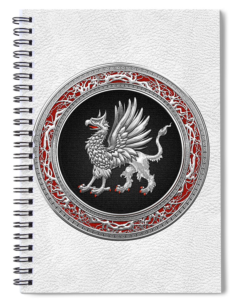 'treasure Trove' By Serge Averbukh Spiral Notebook featuring the digital art Sacred Silver Griffin on White Leather by Serge Averbukh