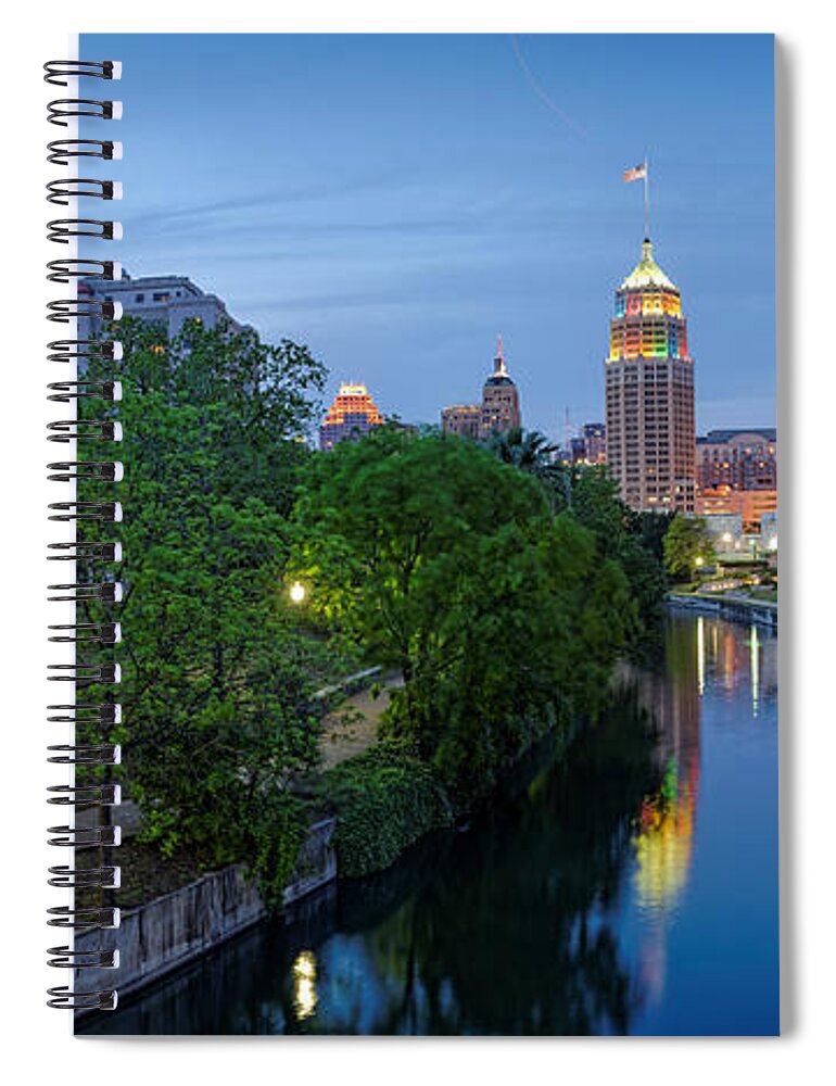 San Antonio Skyline Spiral Notebook featuring the photograph San Antonio Skyline Tower Life Building and Riverwalk from Cesar Chavez Boulevard - Texas by Silvio Ligutti