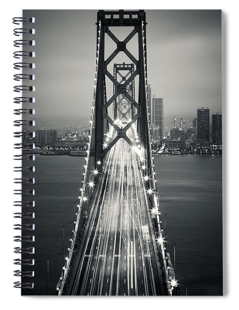3scape Spiral Notebook featuring the photograph San Francisco - Oakland Bay Bridge BW by Adam Romanowicz