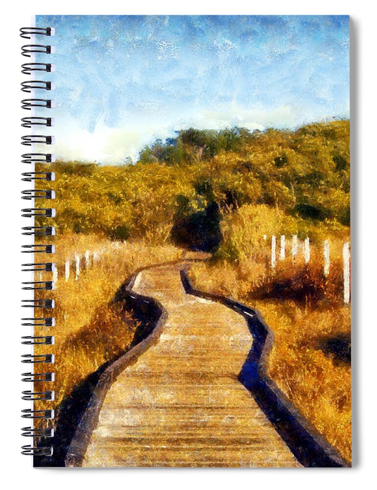 San Simeon State Park Spiral Notebook featuring the digital art San Simeon Boardwalk by Kaylee Mason