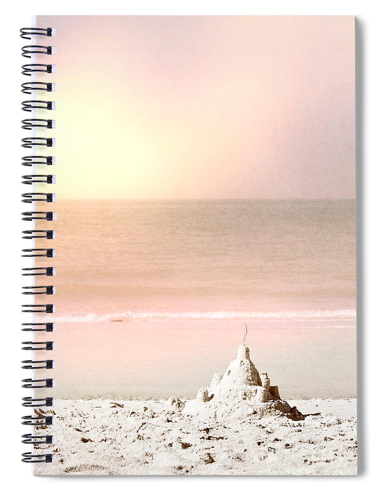 Beach; Water; Gulf; Ocean; Sand Castle; Castle; Shells; Hand Made; Play; Building; Sand; Waves; Clouds; Sky; Sunrise; Sunset; Summer; Daytime; Sunny; Vacation; Relaxation; Fun; Serene; No One; Empty; Shore; Shoreline; Waters Edge Spiral Notebook featuring the photograph Sand Castle by Margie Hurwich