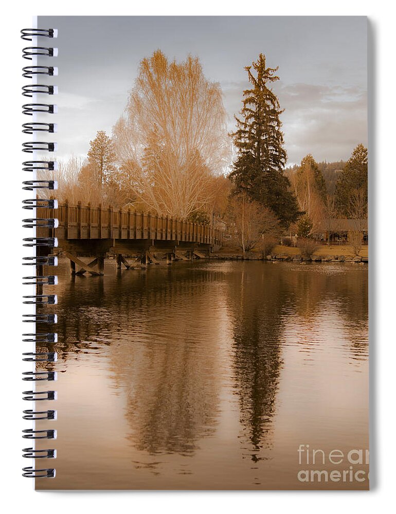 Spring Scenic Golden Wooden Bridge Photographs Photography Spiral Notebook featuring the photograph Scenic Golden Wooden Bridge Tree Reflection on The Deschutes River by Jerry Cowart