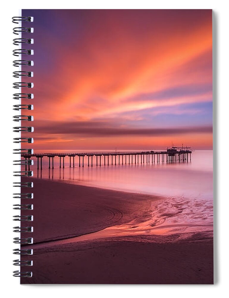 California; Long Exposure; Ocean; Reflection; San Diego; Seascape; Sky; Sunset; Surf; Clouds; Waves Spiral Notebook featuring the photograph Scripps Pier Sunset by Larry Marshall
