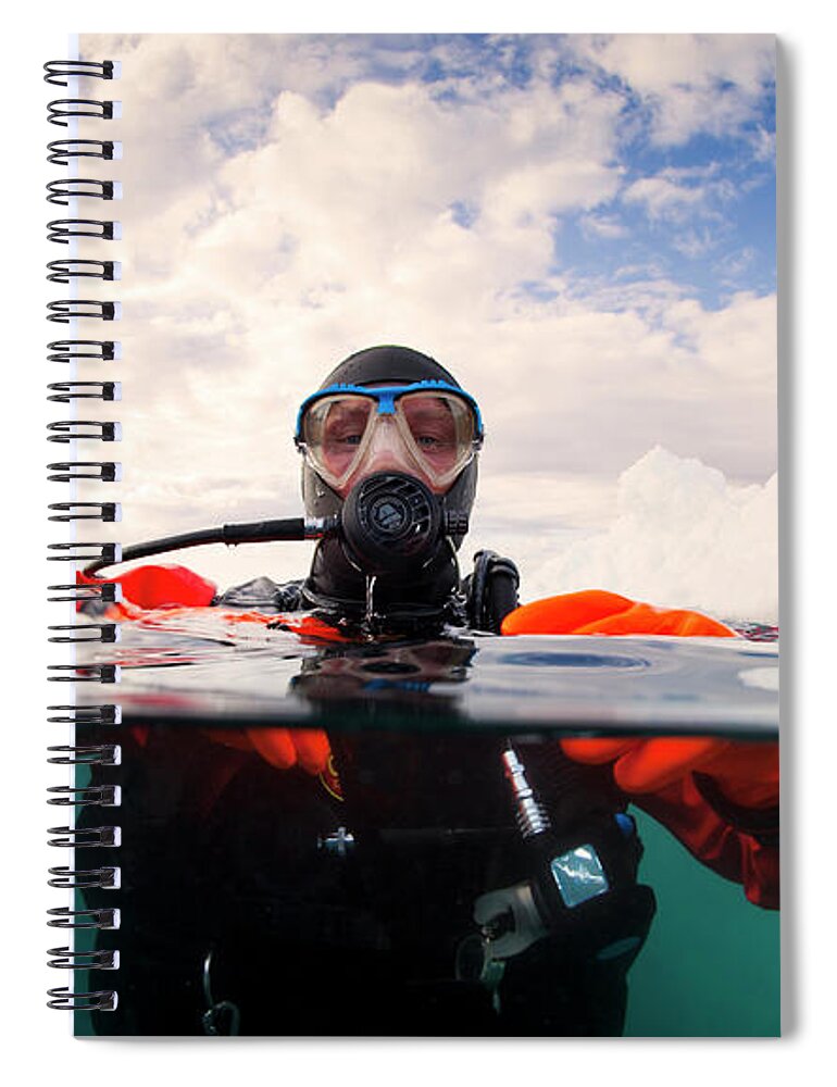 Mature Adult Spiral Notebook featuring the photograph Scuba Diver Next To An Iceberg - Split by Justin Lewis