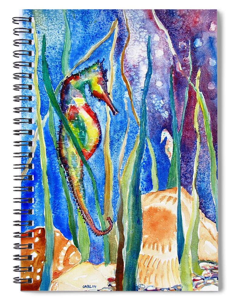 Seahorse Spiral Notebook featuring the painting Seahorse and Shells by Carlin Blahnik CarlinArtWatercolor