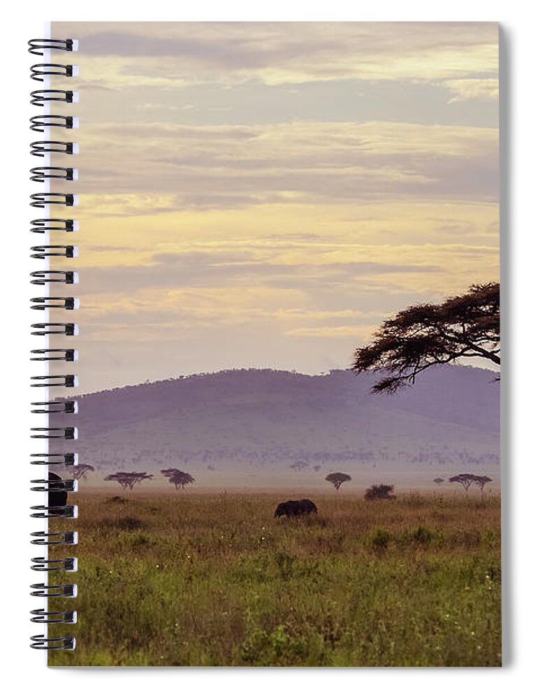 Grass Spiral Notebook featuring the photograph Serengeti Purple Landscape W Elephants by Volanthevist