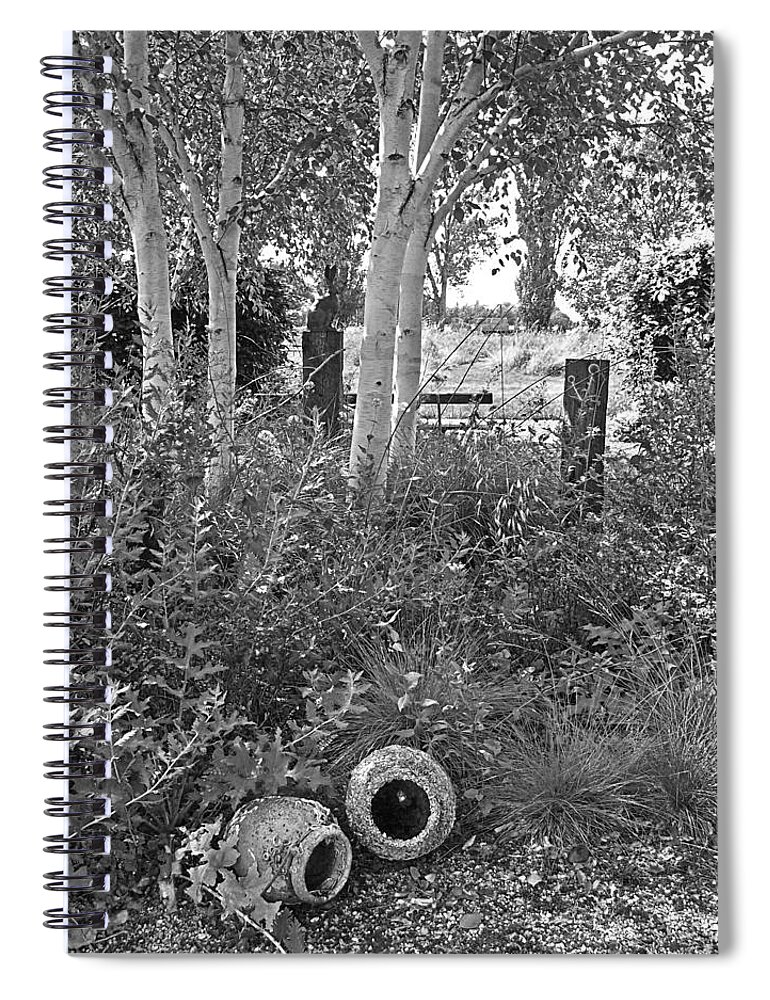 White Birch Spiral Notebook featuring the photograph Shady Corner Under The Birch Trees in Black and White by Gill Billington