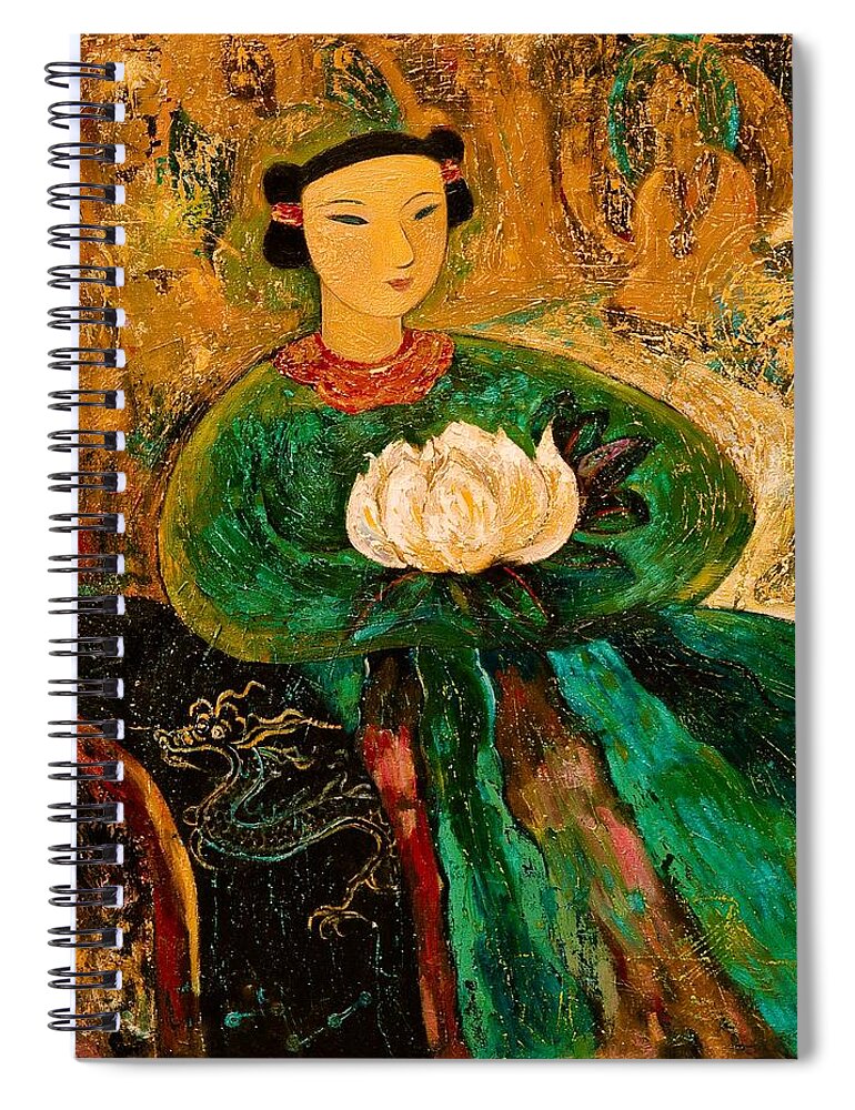 Portrait Spiral Notebook featuring the painting Silent Lotus by Shijun Munns
