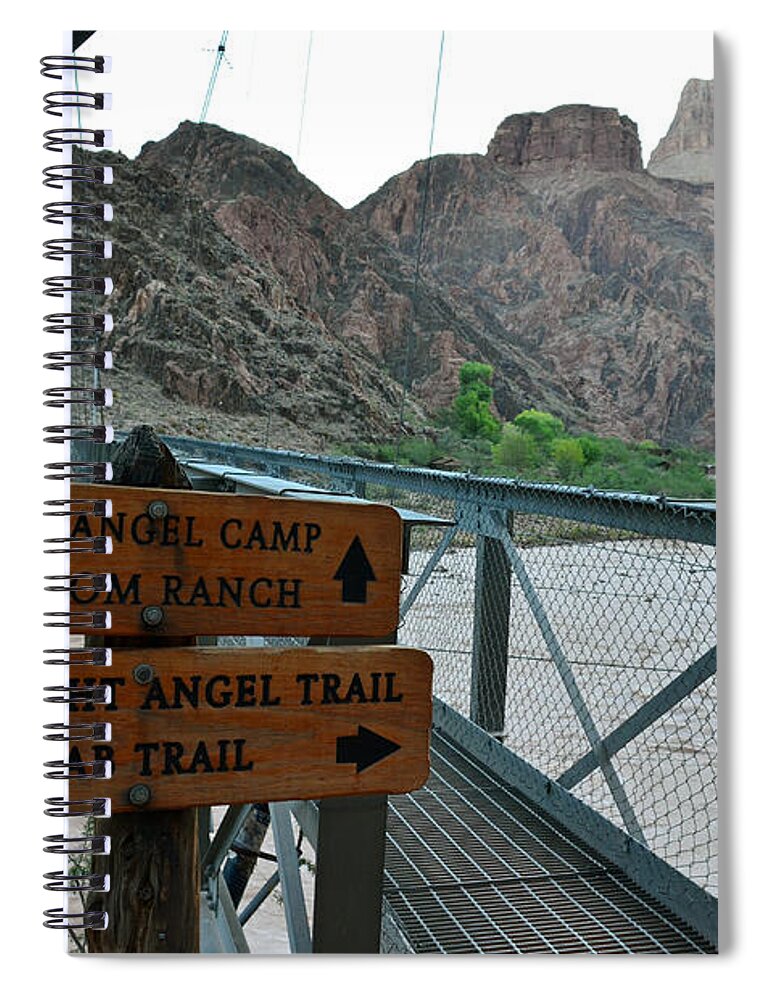 Grand Canyon Spiral Notebook featuring the photograph Silver Bridge Signs over Colorado River at bottom of Grand Canyon National Park by Shawn O'Brien
