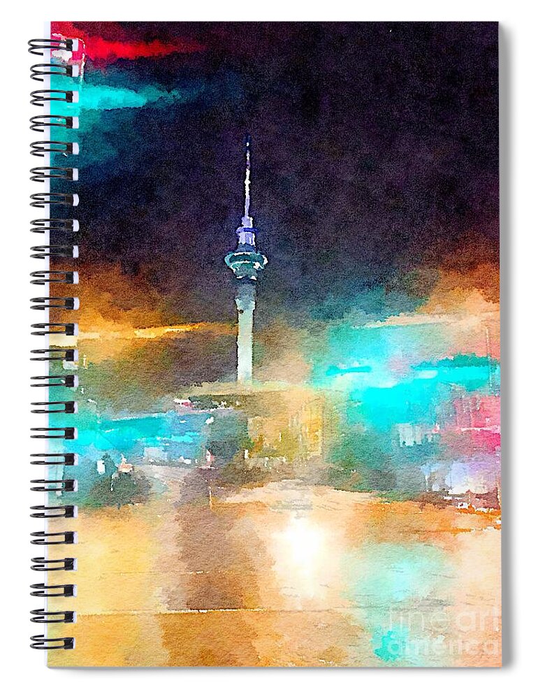 Sky Tower Spiral Notebook featuring the painting Sky Tower by night by HELGE Art Gallery