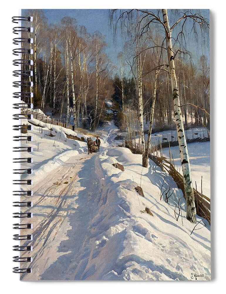 Peder Mork Monsted Spiral Notebook featuring the painting Sleigh ride on a sunny winter day by Peder Mork Monsted