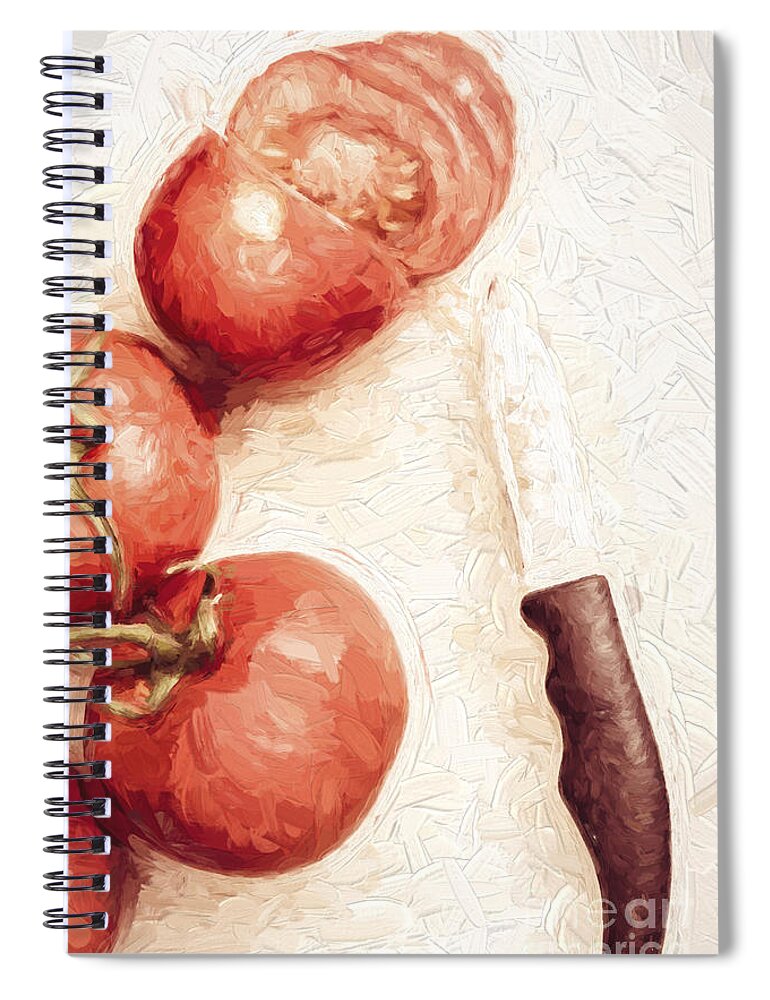 Knife Spiral Notebook featuring the digital art Sliced tomatoes. Vintage cooking artwork by Jorgo Photography
