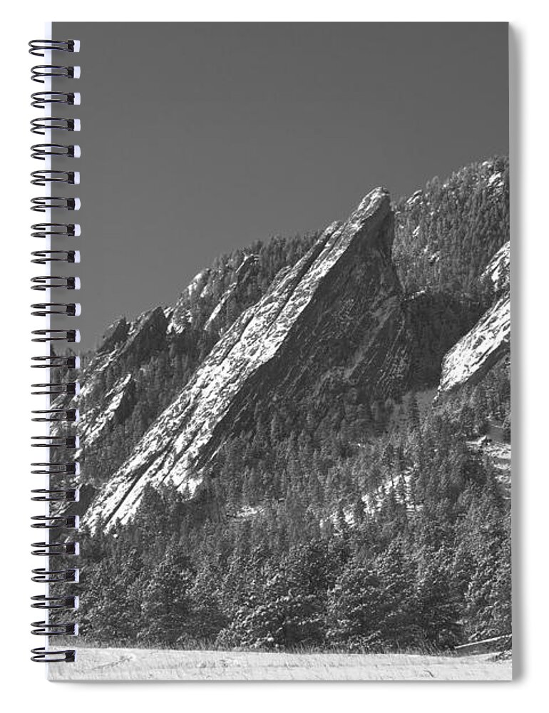 Flatirons Spiral Notebook featuring the photograph Snow Powder Dusted Flatirons Boulder CO BW by James BO Insogna