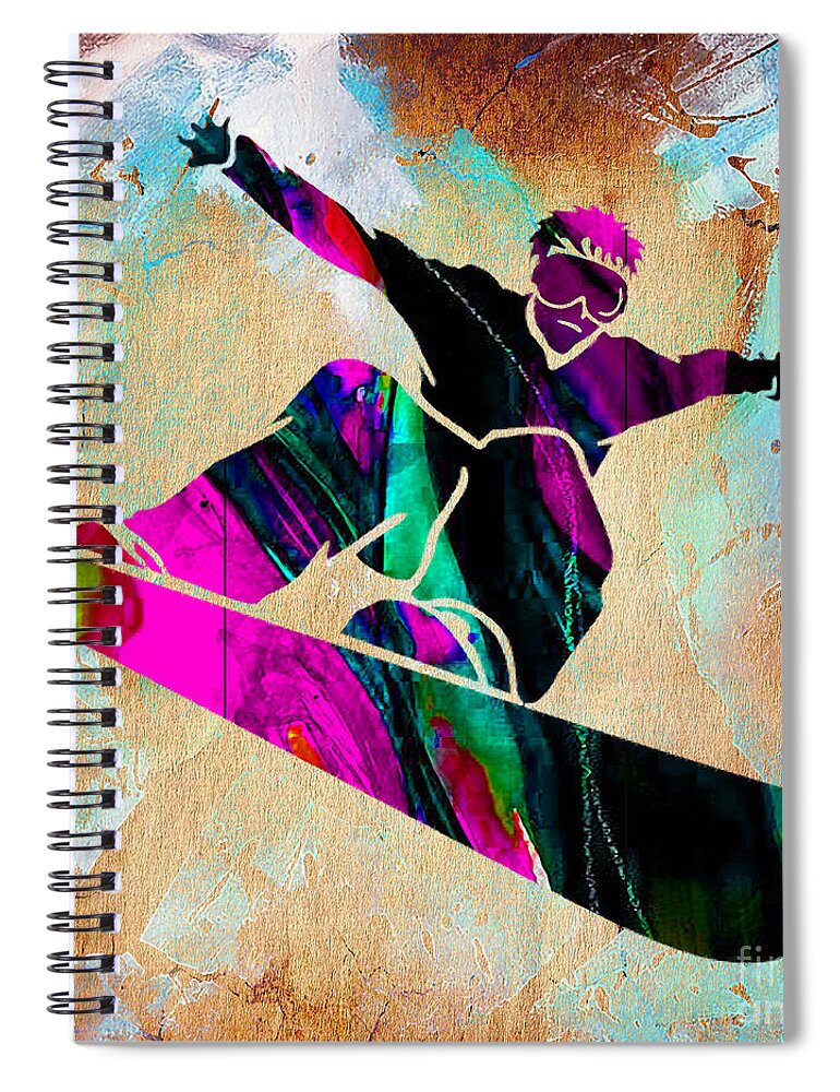 Snowboard Spiral Notebook featuring the mixed media Snowboarding down a snow covered mountain by Marvin Blaine