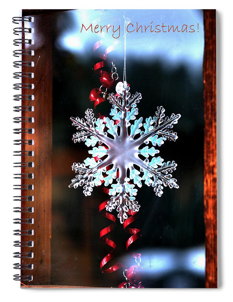 Christmas Spiral Notebook featuring the photograph Snowflake In Window Text 20510 by Jerry Sodorff