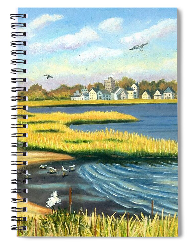 Snowy Egret Spiral Notebook featuring the painting Snowy Egrets in Gateway National Park by Madeline Lovallo
