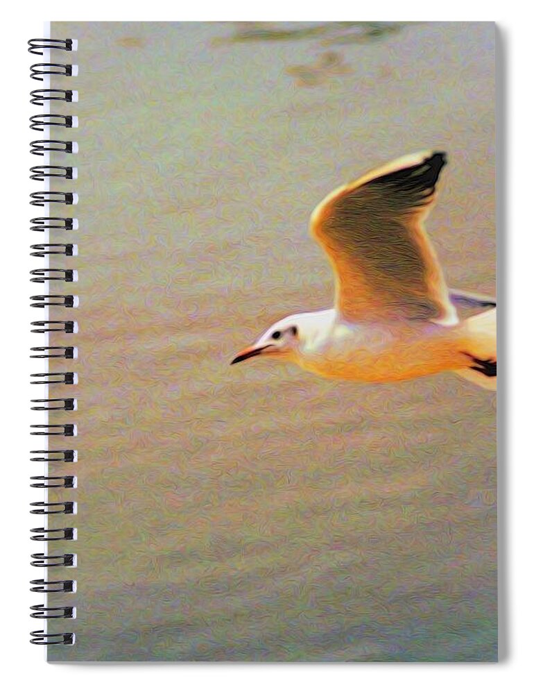 Seagull Spiral Notebook featuring the digital art Soaring Gull by Dennis Lundell