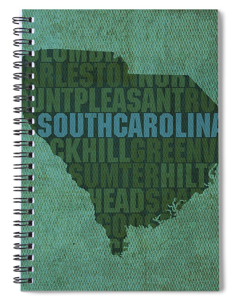 South Carolina Word Art State Map On Canvas Spiral Notebook featuring the mixed media South Carolina Word Art State Map on Canvas by Design Turnpike