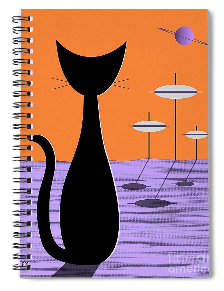 Mid Century Modern Spiral Notebook featuring the digital art Space Cat Orange Sky by Donna Mibus