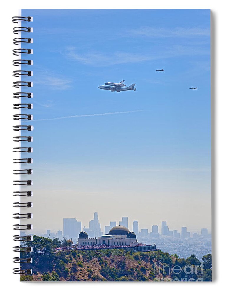 Space Shuttle Endeavour Over Los Angeles Ca Spiral Notebook featuring the photograph Space shuttle Endeavour and chase planes over the Griffith Observatory by David Zanzinger