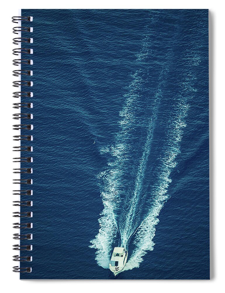Motorboat Spiral Notebook featuring the photograph Speeding Boat Aerial View by Thepalmer