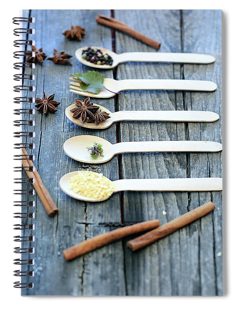 In A Row Spiral Notebook featuring the photograph Spices On The Table by Kyoko Hasegawa Photography