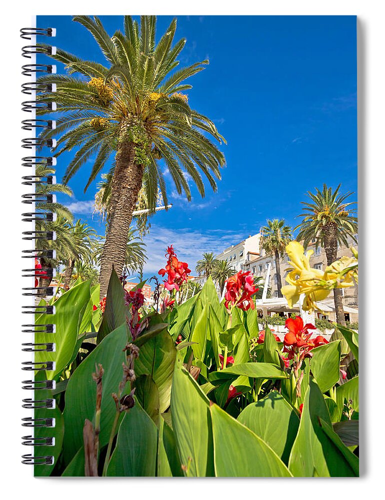 Split Spiral Notebook featuring the photograph Split Riva palms and flowers by Brch Photography