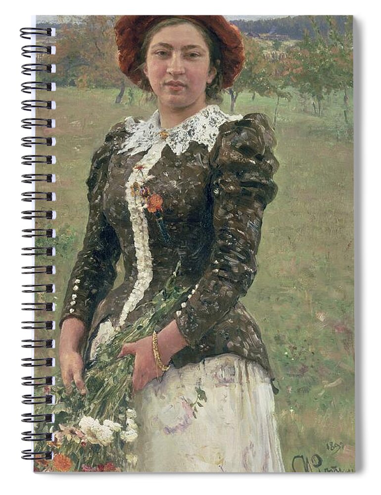 Female; Woman; Flowers; Exterior; Peredvizhniki; Peredvizhniki Group Spiral Notebook featuring the painting Spring Bouquet by Ilya Repin