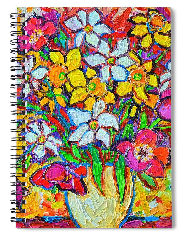 Daffodil Spiral Notebook featuring the painting Spring Flowers Bouquet Colorful Tulips And Daffodils by Ana Maria Edulescu