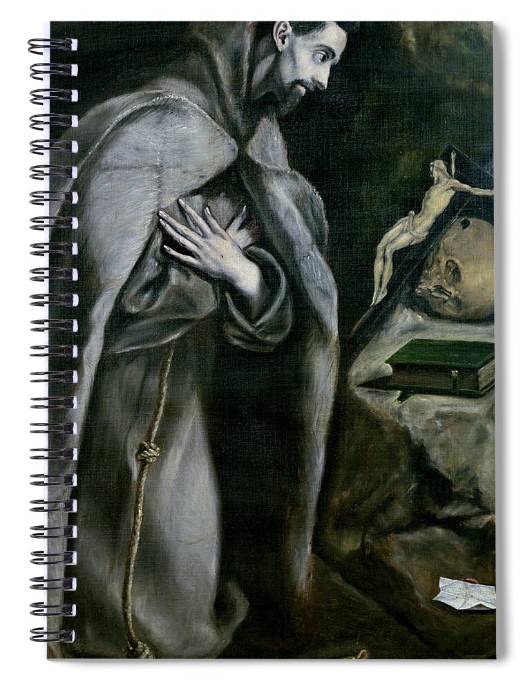 Saint Francois D'assise; Male; Praying; Prayer; Crucifix; Habit; Franciscan Monk; Kneeling; Chiaroscuro; Pious; Piety Spiral Notebook featuring the painting St Francis of Assisi by El Greco Domenico Theotocopuli
