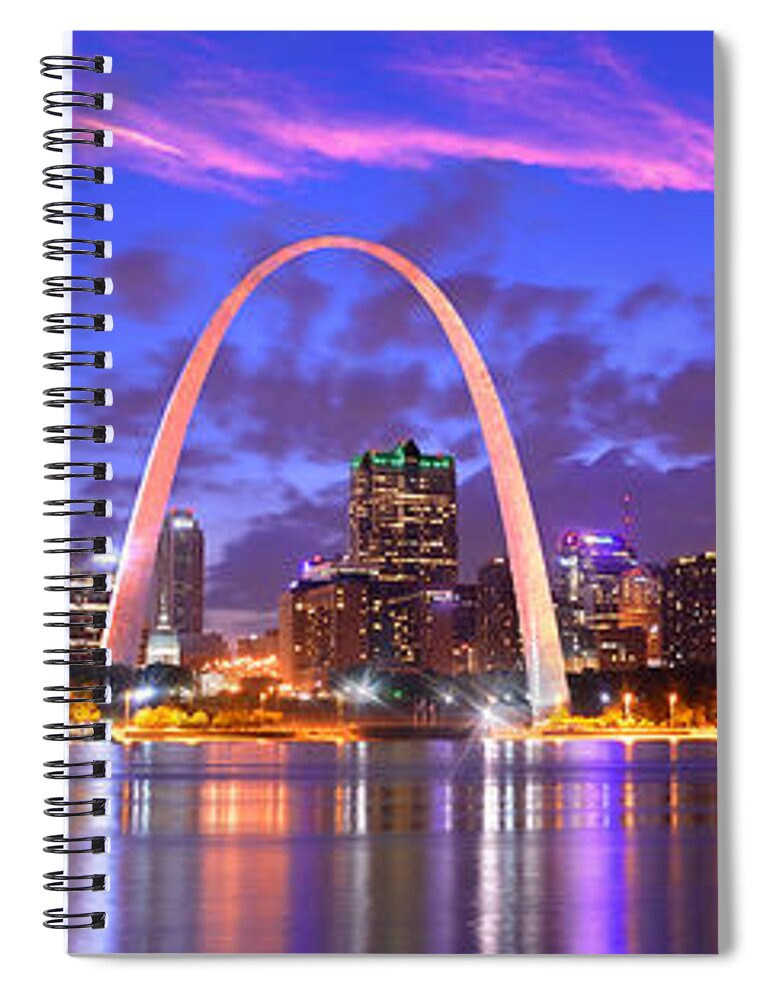 #faatoppicks Spiral Notebook featuring the photograph St. Louis Skyline at Dusk Gateway Arch Color Panorama Missouri by Jon Holiday
