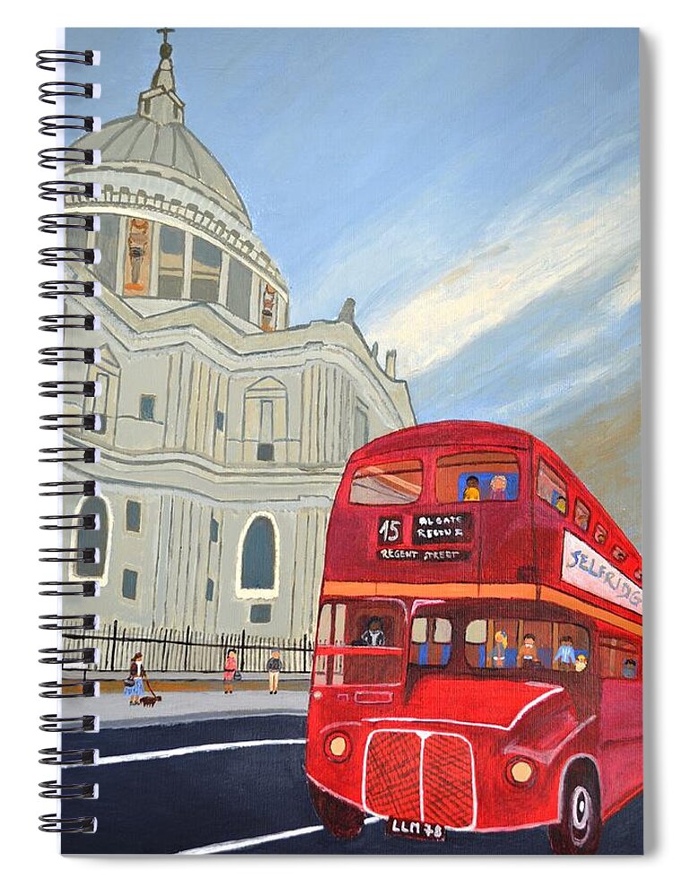 S T. Paul Cathedral And London Bus Spiral Notebook featuring the painting St. Paul Cathedral and London bus by Magdalena Frohnsdorff
