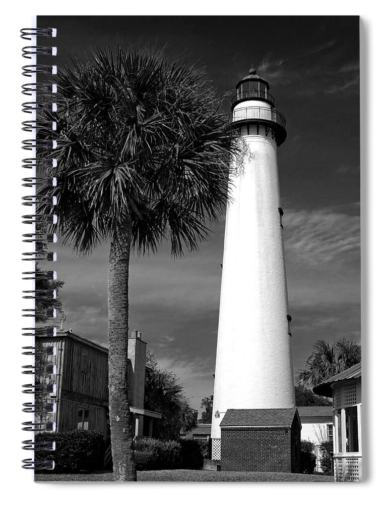 Saint Simons Spiral Notebook featuring the photograph St. Simons Island Georgia Lighthouse in Black and White by Greg and Chrystal Mimbs