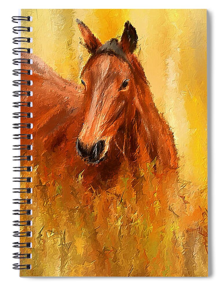 Bay Horse Paintings Spiral Notebook featuring the painting Stallion in Autumn - Bay Horse Paintings by Lourry Legarde