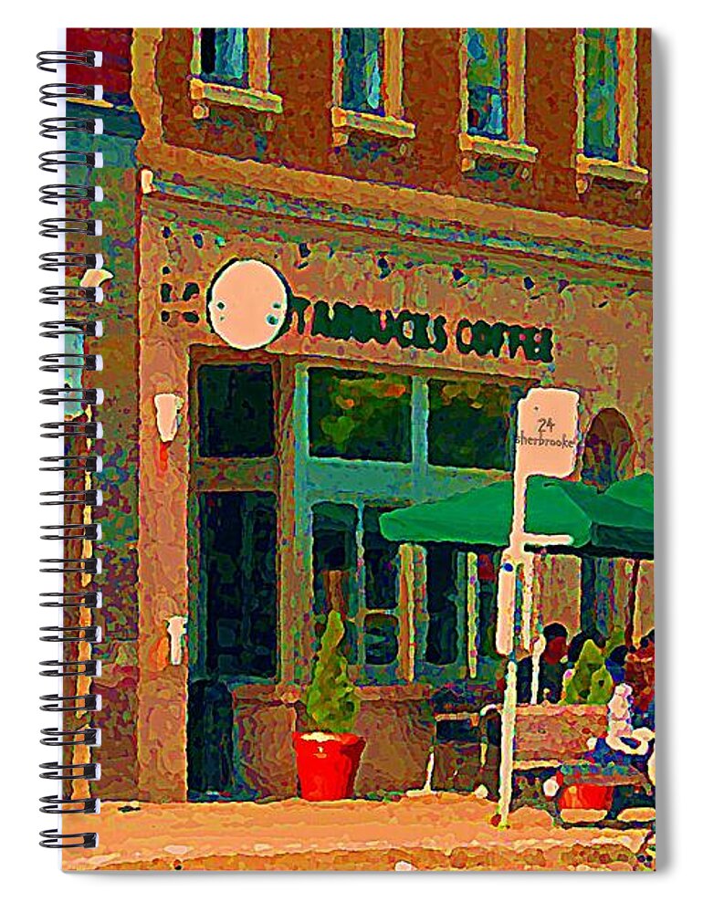  Spiral Notebook featuring the painting Starbucks Cafe And Art Gold Shop Strolling With Baby By The 24 Bus Stop Sherbrooke Scenes C Spandau by Carole Spandau