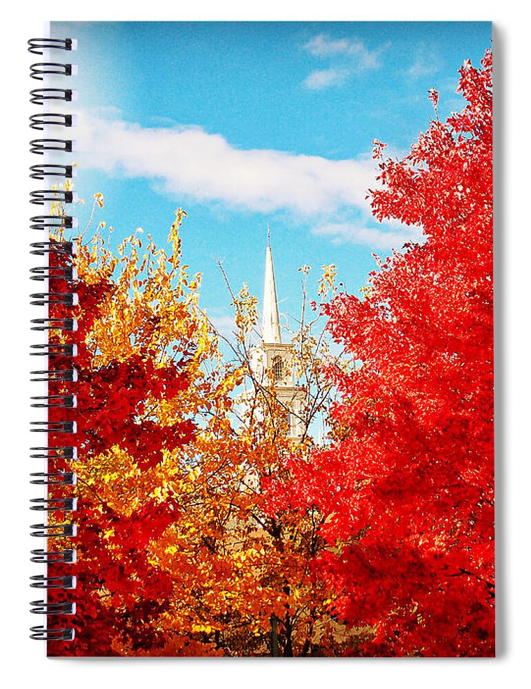 Nature Spiral Notebook featuring the photograph Steeple with Red and Yellow Autumn Trees by Miriam Danar