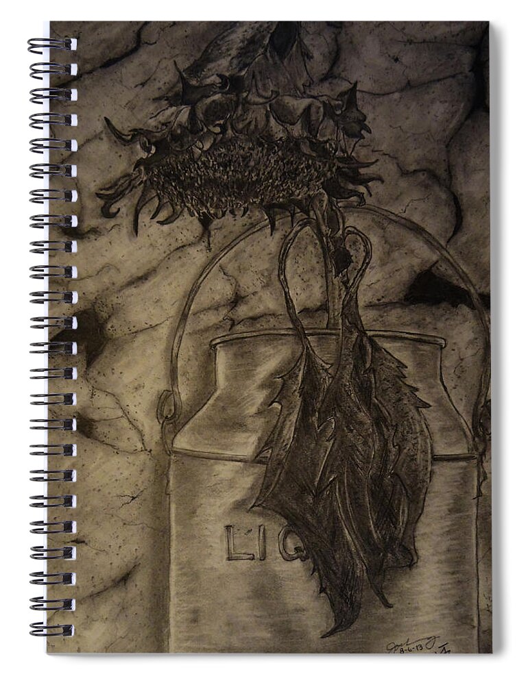 Still Life Spiral Notebook featuring the drawing Still Life One Dried Sunflower in Metal Jug by Jose A Gonzalez Jr