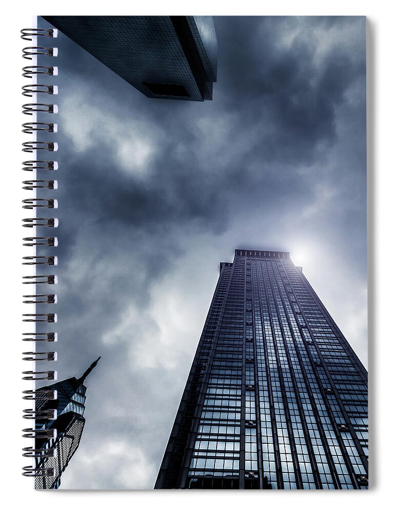 Desaturated Spiral Notebook featuring the photograph Storm And Skyscrapers, Philadelphia, Usa by Zodebala