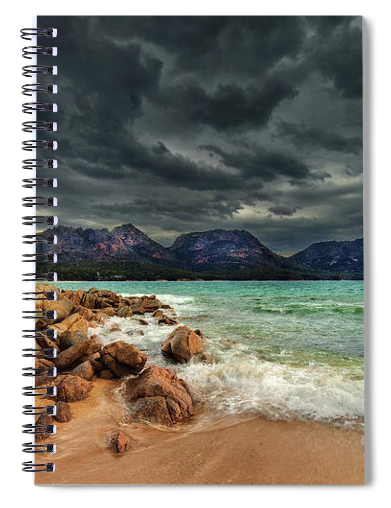 Tranquility Spiral Notebook featuring the photograph Storm Clouds Over Mountains And Beach by Steve Daggar Photography