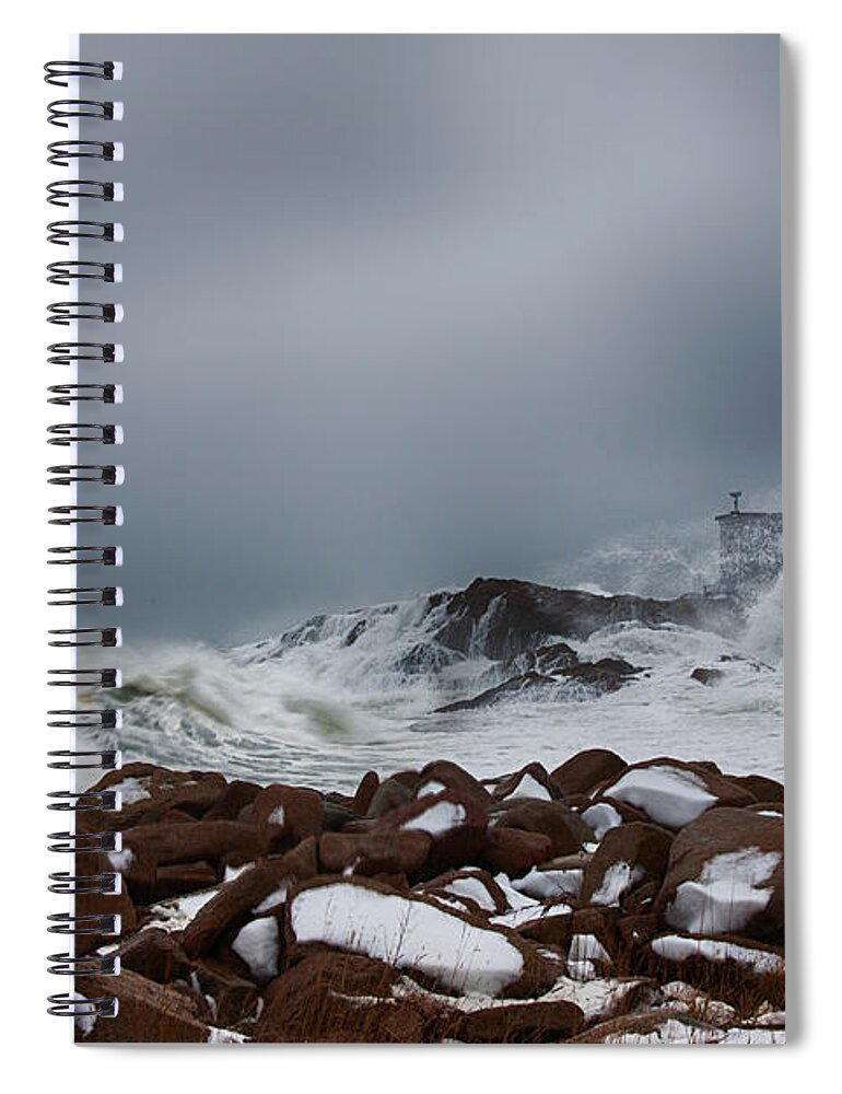 Cape Ann Spiral Notebook featuring the photograph Storm off Eastern Point Lighthouse by Jeff Folger