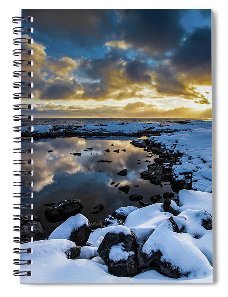 Tranquility Spiral Notebook featuring the photograph Stormy Sunset Sky Reflected In Snowy by Lesleygooding