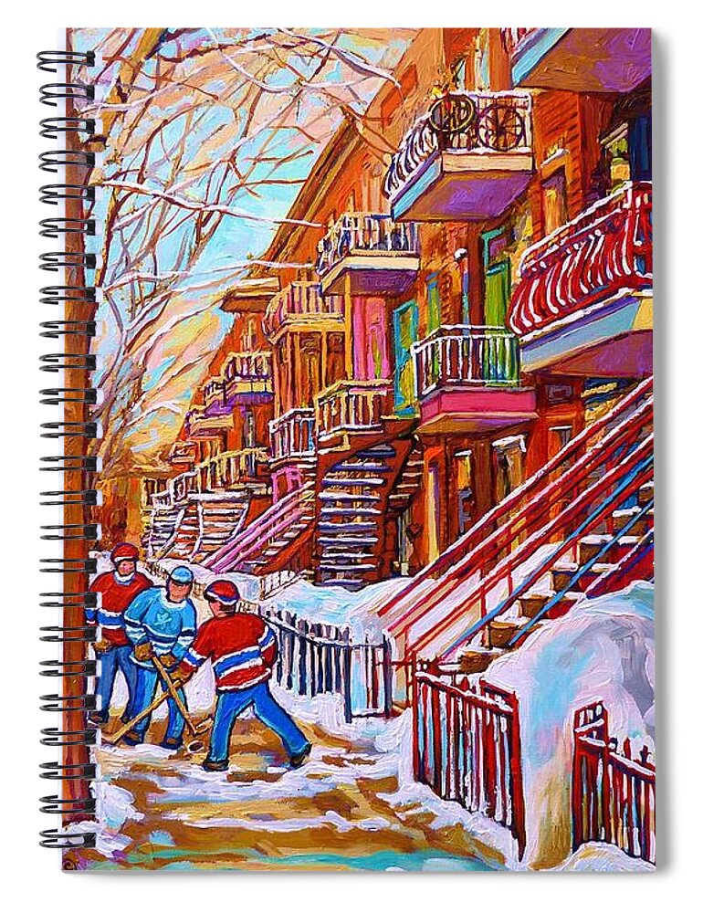Montreal Spiral Notebook featuring the painting Street Hockey Game In Montreal Winter Scene With Winding Staircases Painting By Carole Spandau by Carole Spandau